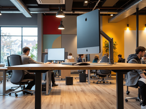 现代办公环境,宽敞明亮的工作空间,配备多台显示器和创意工具,团队成员正在专注工作